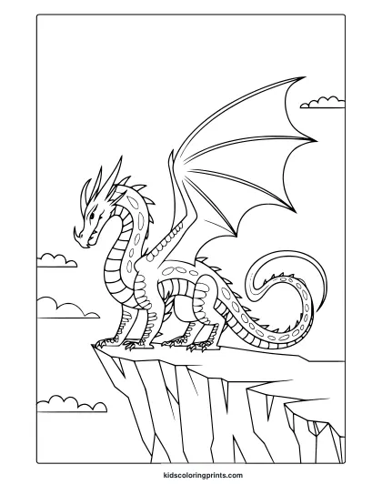 A Cool Dragon Coloring Page With A Fierce Dragon Perched High On A Cliff, Showcasing Its Wings And Long Tail.