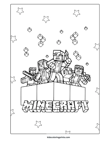 Cool Minecraft Coloring Page With Characters Standing On A Box And A Starry Sky, Perfect For Creative Coloring.