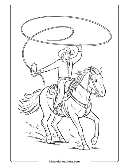 A Cowboy Swinging A Lasso While Riding, Capturing An Exciting Western Coloring Moment.