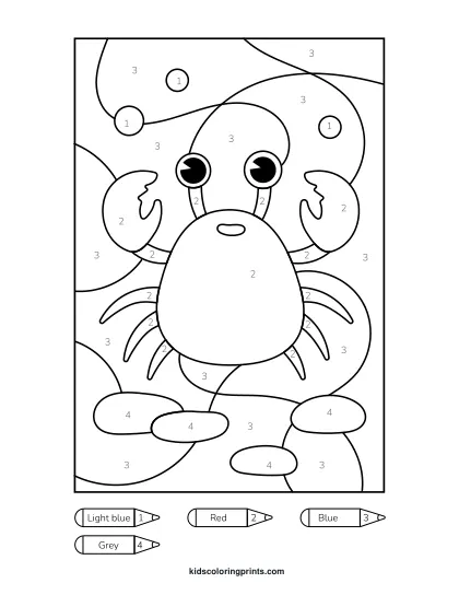 Crab Color By Number Coloring Page With A Smiling Red Crab On Sand Under A Sunny Sky.