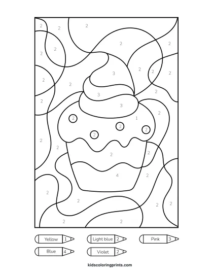 Cupcake Color By Number Coloring Page Featuring A Cupcake With Round White Icing And Colorful Candy Sprinkles.