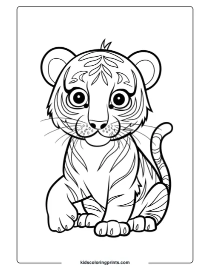 Curious Young Tiger Coloring Page With A Cute Tiger Sitting, Raising Its Paw Slightly.