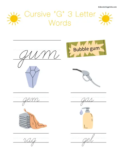 Cursive G Worksheet Featuring Easy Three Letter Words Starting With G For Writing Practice.