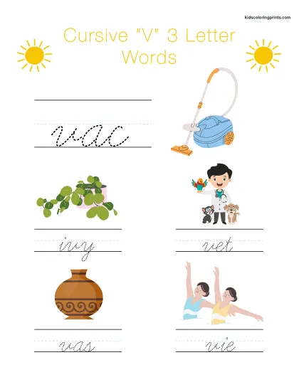 Cursive V Worksheet With Simple Three Letter Words Starting With V For Cursive Practice.