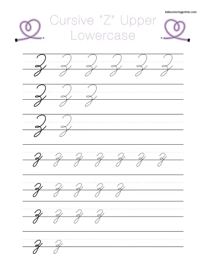 Cursive Z Worksheet With Uppercase And Lowercase Z For Cursive Handwriting Practice.