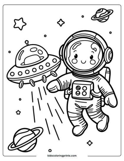 Coloring Page Of An Astronaut And Ufo Surrounded By Planets, Stars, And Cosmic Elements, Ideal For Creative Coloring.