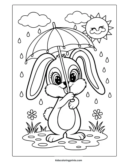 Cute Bunny Coloring Page Featuring A Bunny With An Umbrella, Raindrops, Flowers, And A Bright Sun.