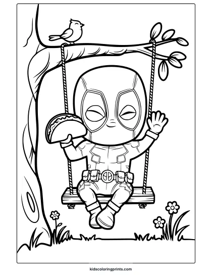 Cute Deadpool Coloring Page With The Superhero On A Swing Holding A Taco, Surrounded By A Cheerful And Fun Environment.
