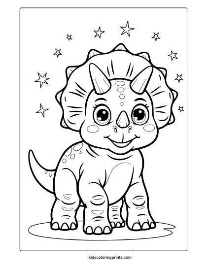 A Cute Cartoon Triceratops Smiles Under Stars In This Playful Dinosaur Coloring Page For Kids To Color.