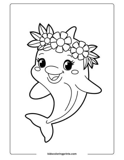 A Cute Dolphin Adorned With A Flower Crown, Ideal For A Charming Coloring Page.