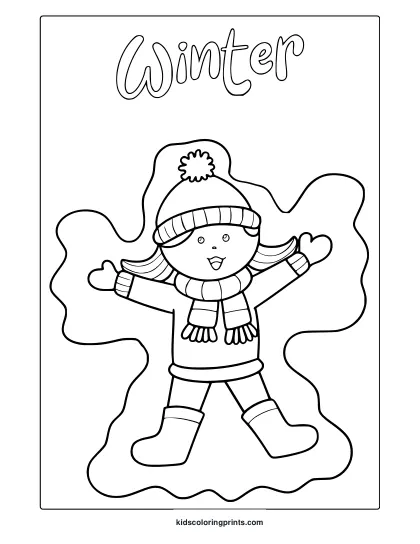 Cute Girl Making A Snow Angel Coloring Page With Beanie, Scarf, Mittens, And Winter Boots.