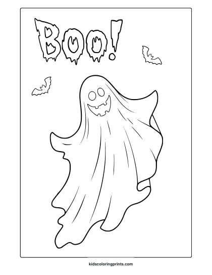 Cute Halloween Ghost Coloring Page With Smiling Ghost, Dripping “Boo!” Text And Small Flying Bats.