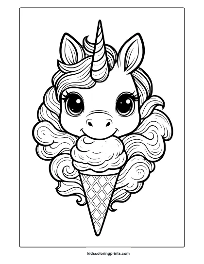 Unicorn With Swirled Mane And Detailed Ice Cream Cone In A Fun And Tasty Themed Coloring Page.