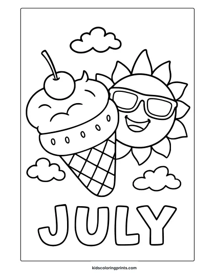 Cute July Coloring Page With Ice Cream, Sun With Sunglasses, And Clouds For Summer Fun.