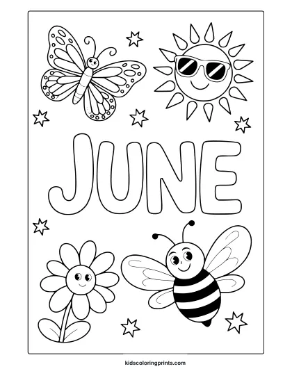 Coloring Page With &Quot;June&Quot; Text, Sun With Sunglasses, Butterfly, Bee, And Daisy Flower.