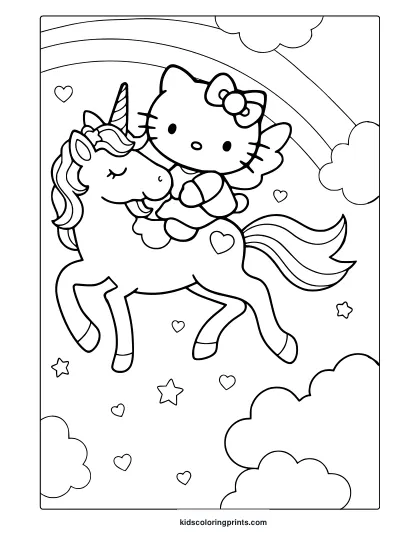 Hello Kitty On Unicorn With Rainbow, Stars, And Clouds In A Magical Fantasy Coloring Page.