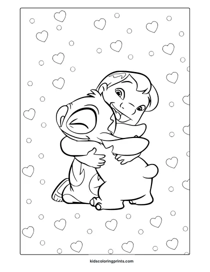 Cute Lilo And Stitch Coloring Page Featuring Hugging Scene With Heart And Circle Decorations In A Simple Cartoon Style.