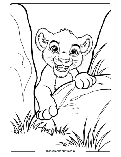 A Curious Lion Cub Playing Hide And Seek Behind A Rock, Perfect For An Engaging Lion Coloring Page For Kids.