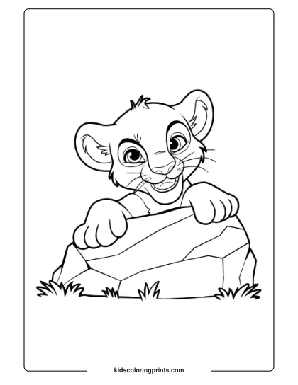 A Cute Lion Cub Hiding Behind A Rock, Perfect For Kids To Color In This Fun And Playful Lion Coloring Page.