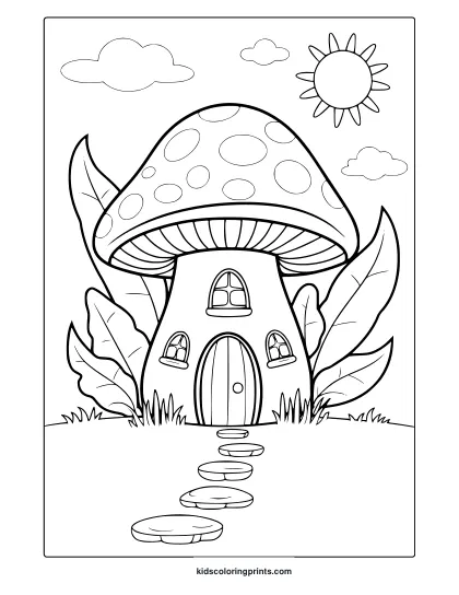 Whimsical Mushroom House With Sunny Skies And Red Spotted Roof In This Cute Coloring Page.
