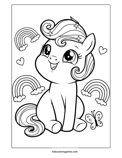 Cute My Little Pony Coloring Page With Rainbows, Hearts, And Butterflies.