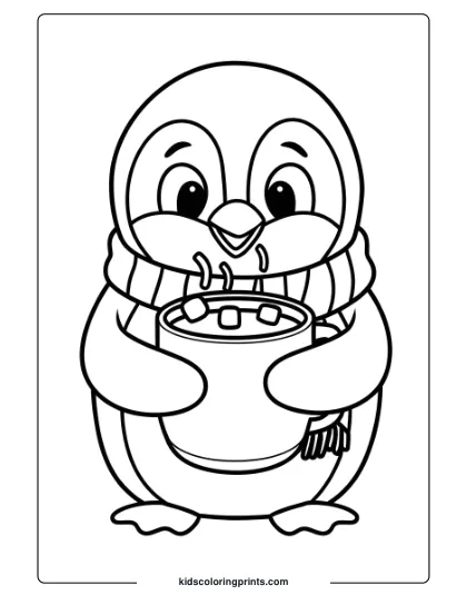 A Penguin With Hot Chocolate, Wearing A Scarf, A Warm And Cozy Winter Coloring Page.