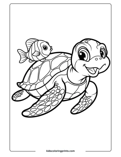 Cute Sea Turtle And Fish Coloring Page, Showcasing The Friendly Bond Between These Two Ocean Creatures.