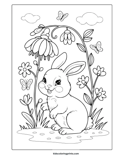 Spring Bunny Coloring Page With A Cute Rabbit In A Flower-Filled Meadow, Perfect For A Fun And Creative Coloring Experience.