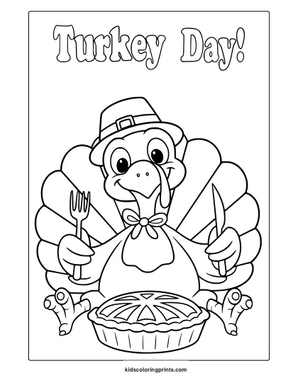 Cute Thanksgiving Turkey Coloring Page With Pilgrim Hat, Pie, Feather Circle, And Turkey Day Text.