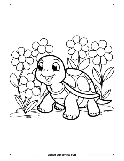 Turtle In A Flower Garden Coloring Page, Featuring A Cheerful Turtle And A Vibrant Floral Background.