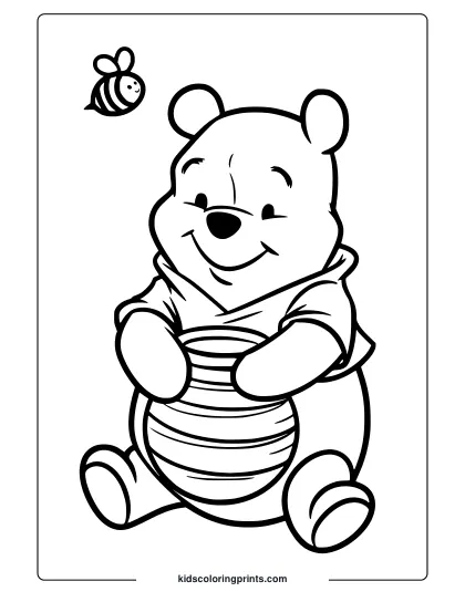 Classic Pooh Coloring Page With A Honey Pot And A Flying Bee.