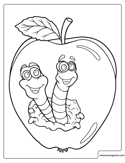 Apple With Two Worms Coloring Page.