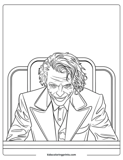 In The Dark Knight Joker Coloring Page, A Detailed Line-Art Depiction Of The Character Reveals A Joker-Like Figure With Disheveled Hair, A Broad Smile, And Sinister Expression. He Sits Behind A Desk In A Suit And Tie, With The Simple Background Directing Focus On His Intricate Details.