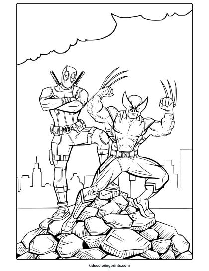 Deadpool And Wolverine Coloring Page With Superheroes In A Rocky Setting, Ideal For Comic Book Fans To Color.
