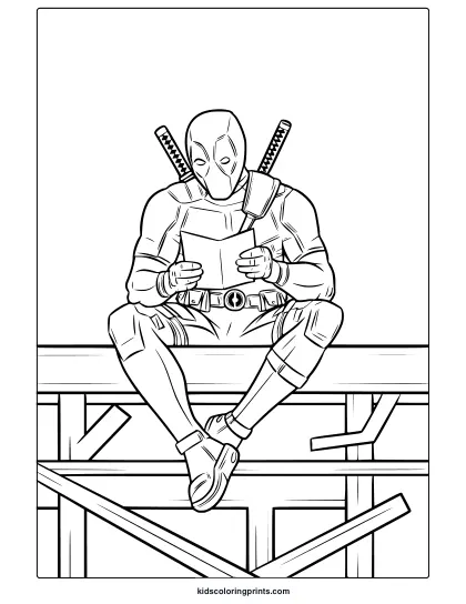 Deadpool Reading Coloring Page Featuring The Superhero Seated With Swords And A Book, Great For Creative And Relaxed Coloring.