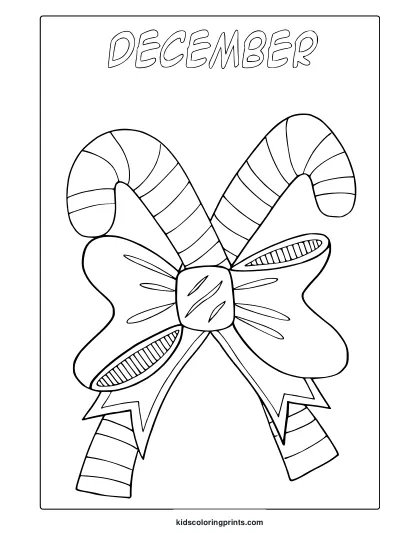 December Christmas Candy Canes Coloring Page With Two Candy Canes And Ribbon Bow.
