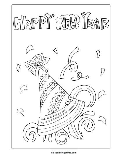 December Happy New Year Coloring Page With Decorated Party Hat, Ribbons, And Confetti.
