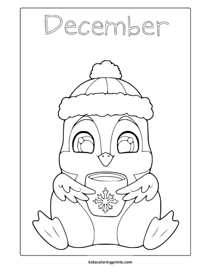 December Penguin Coloring Page With Penguin Wearing Hat And Holding A Mug.
