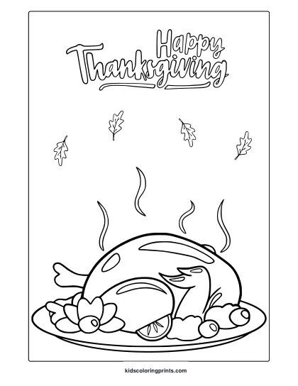 Delicious Thanksgiving Turkey Coloring Page With Platter, Garnishes, And Happy Thanksgiving Text.
