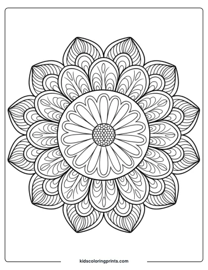 A Daisy Integrated Into A Mandala Design, Offering An Intricate And Relaxing Coloring Experience.