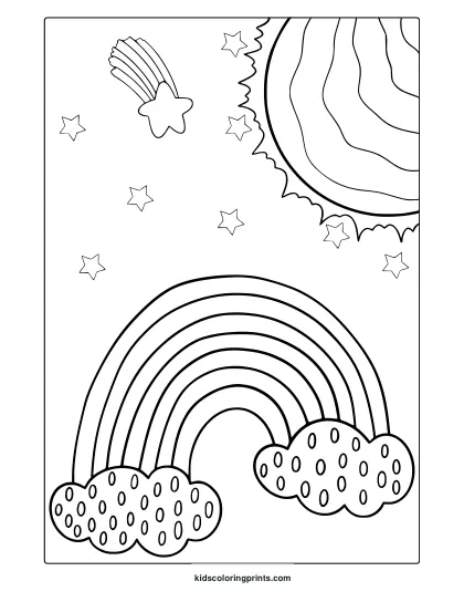 Detailed Sun With Rainbow Coloring Page Featuring Stars And Dotted Clouds.