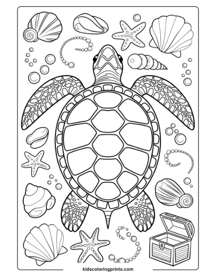 Detailed Turtle With Ocean Treasures Coloring Page, Featuring Starfish, Pearls, And Coral.
