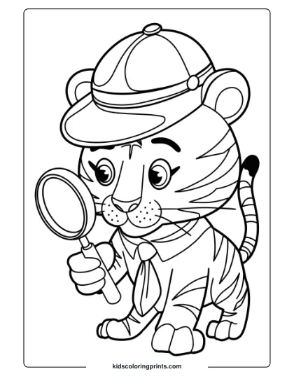 Detective Tiger Coloring Page With A Tiger In A Hat, Examining Clues With A Magnifying Glass.