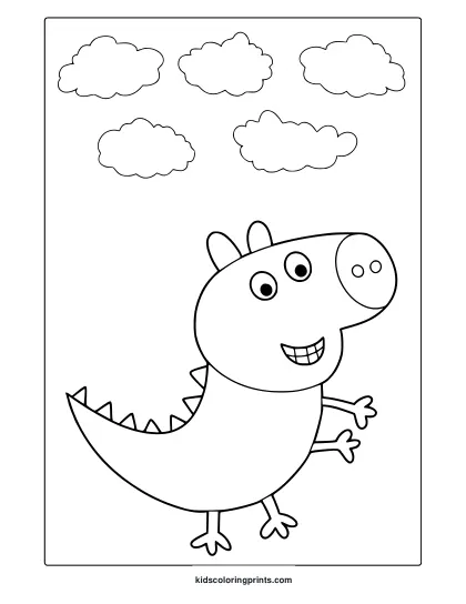 Peppa Pig Dinosaur Coloring Page With Spikes, Big Eyes, And Clouds Above.