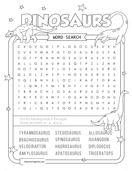 Free Printable Dinosaurs Word Search Puzzle With 12 Dinosaurs From Tyrannosaurus To Triceratops.