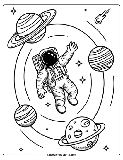 Coloring Page Of An Astronaut Exploring Planets And Stars In The Solar System, Perfect For Space-Themed Creativity.