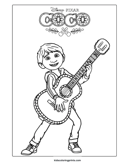 Miguel Coco Coloring Page Playing Guitar.