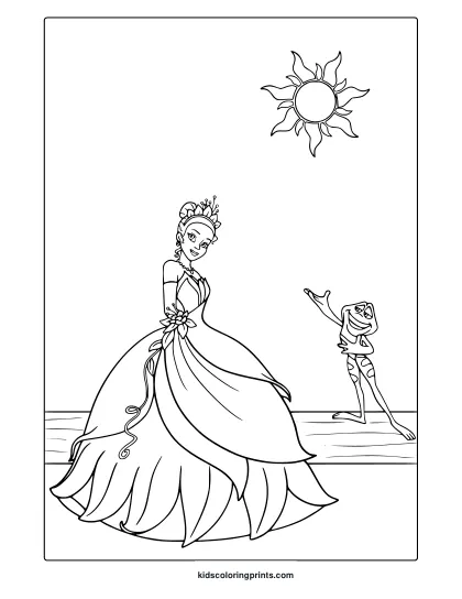 Coloring Page With Princess Tiana In A Gown And A Playful Frog Beside Her Under A Stylized Sun.