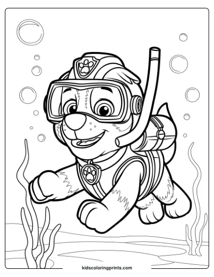 Zuma Coloring Page With Him Diving Underwater, Wearing A Snorkel With Bubbles Around.