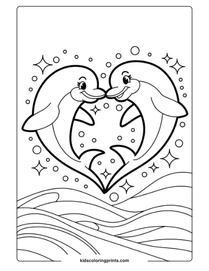 Two Dolphins Creating A Heart In A Glittering Ocean, A Lovely Coloring Page Scene.